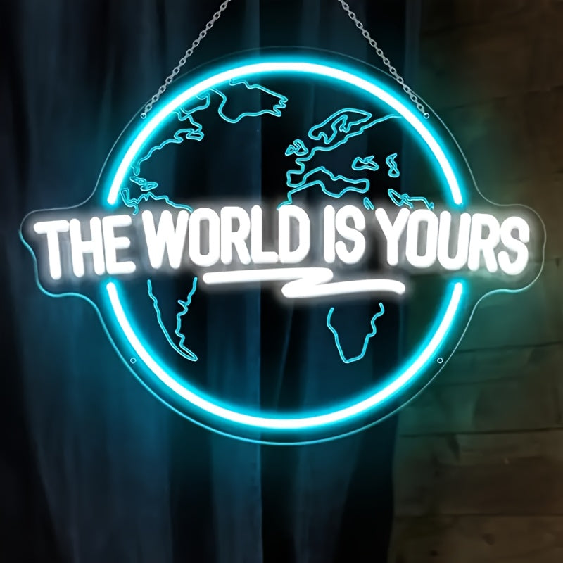 LED Neon Sign The World Is Yours Engraved Planet USB Dimmable Light