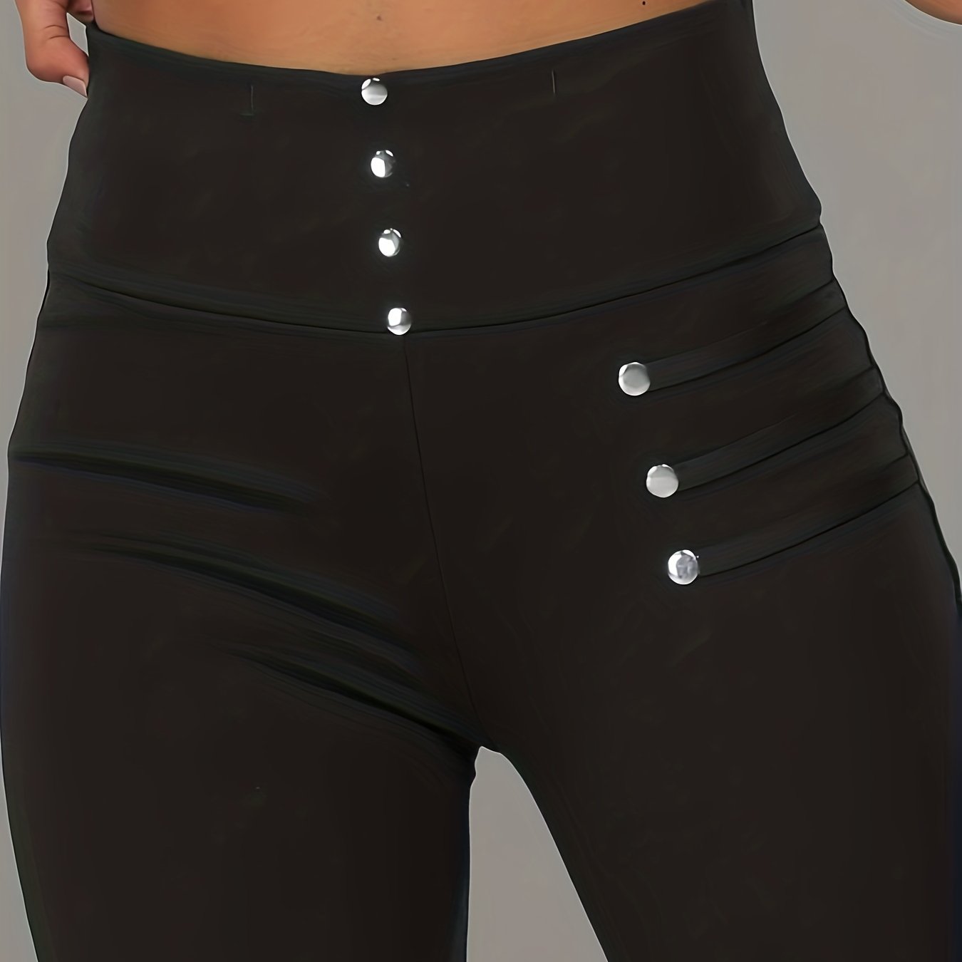 Women's High-Waisted Skinny Pants Dark Blue Faux Button Stretch Polyester Casual