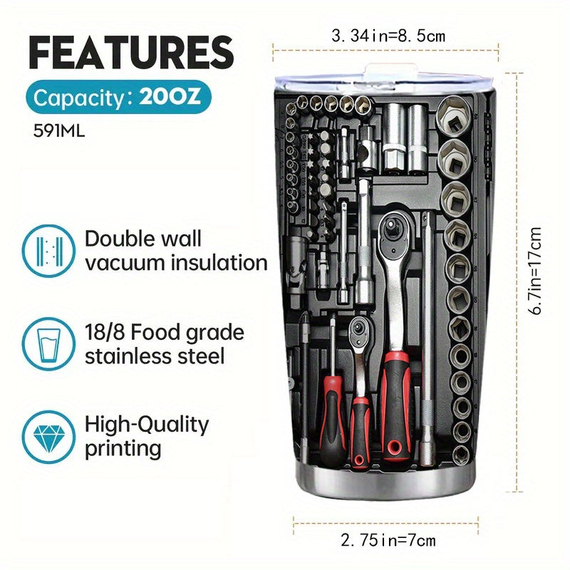 20oz zanglamaydigan po'latdan tayyorlangan sayohat mug'i, Toolbox bosimi bilan, ikki qavatli vakuum izolyatsiya