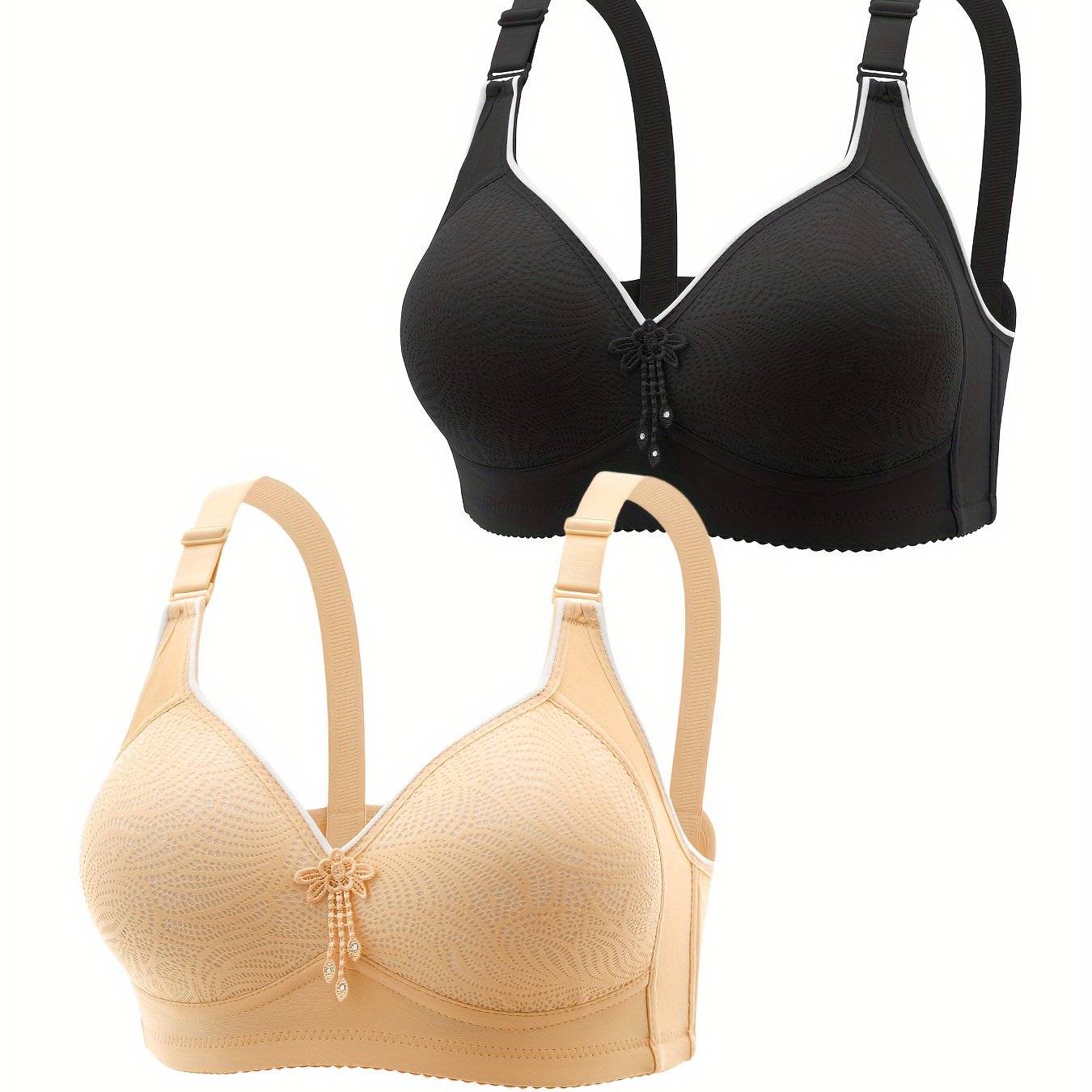 Women's Floral Appliqué Wireless Full Cover Bra Set with Padded Cups