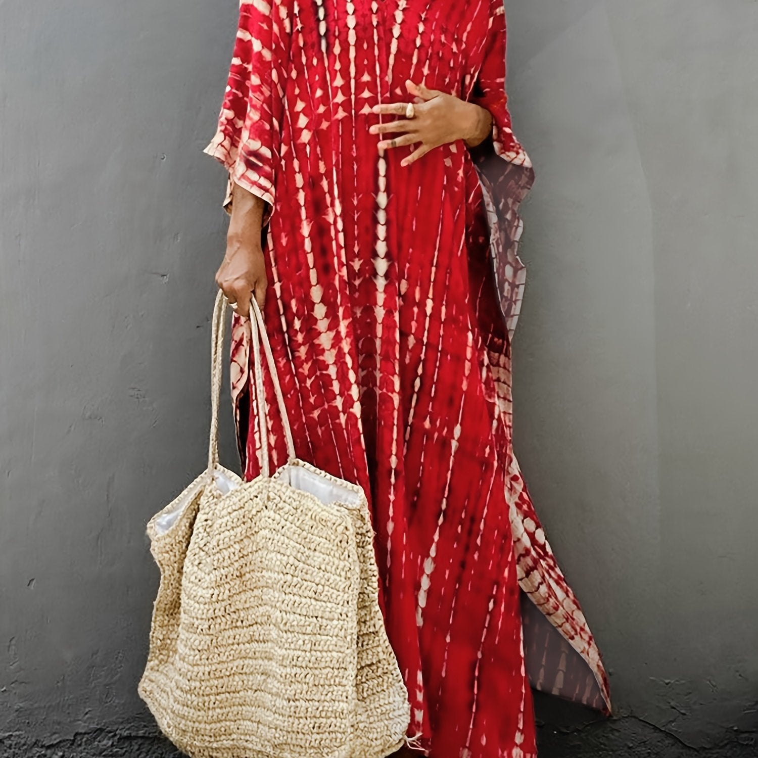 Plus Size Tie Dye Print Kaftan Dress Women V Neck Side Split Clothing