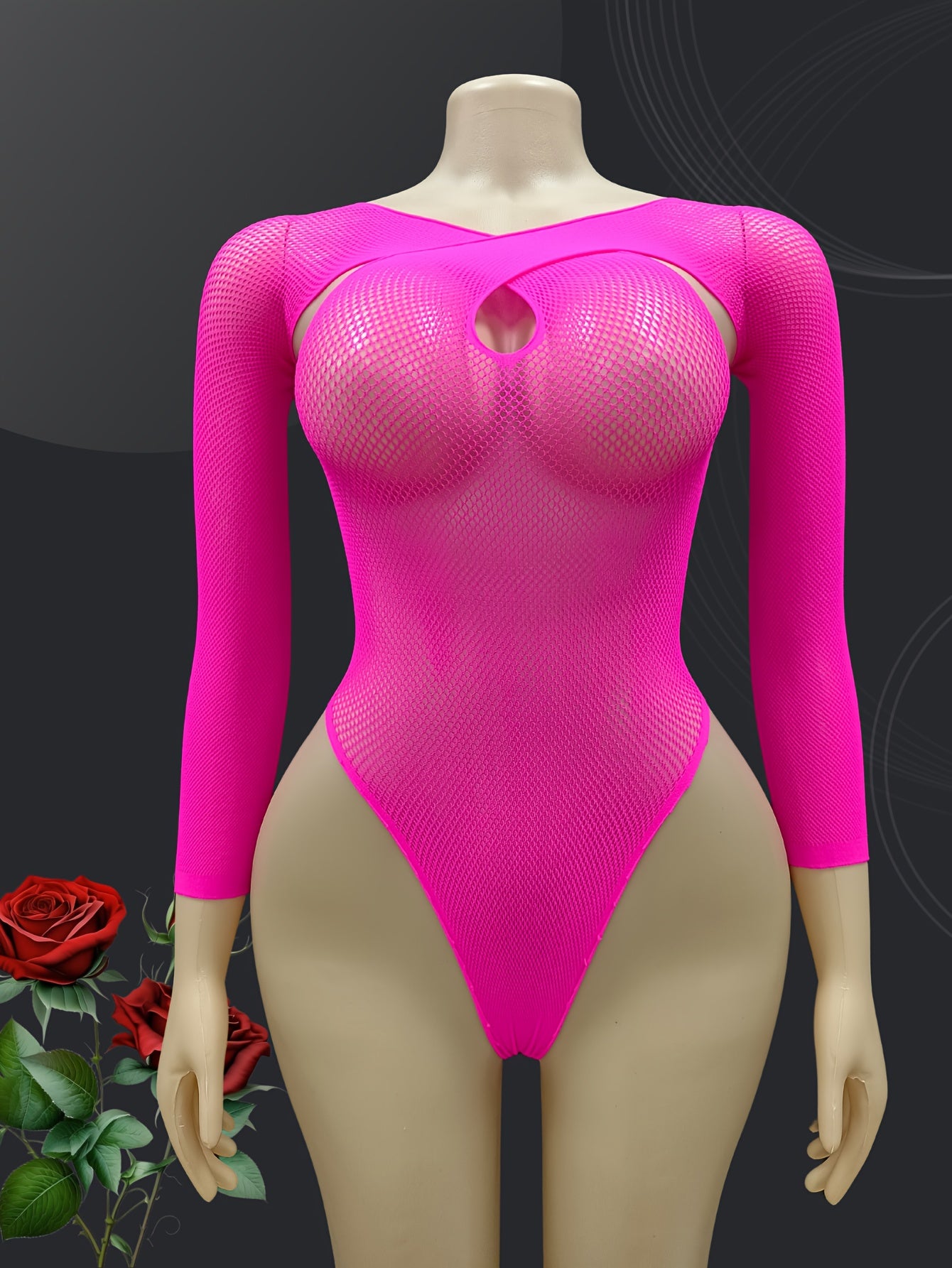 Body de manga larga de malla elástica para mujer talla plus, lencería sexy