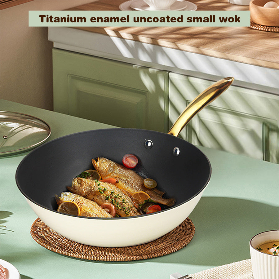 Flat-Bottomed Wok with Golden Handle for Chinese Cooking on Electric and Gas Stoves Dishwasher Safe Kitchen Cookware