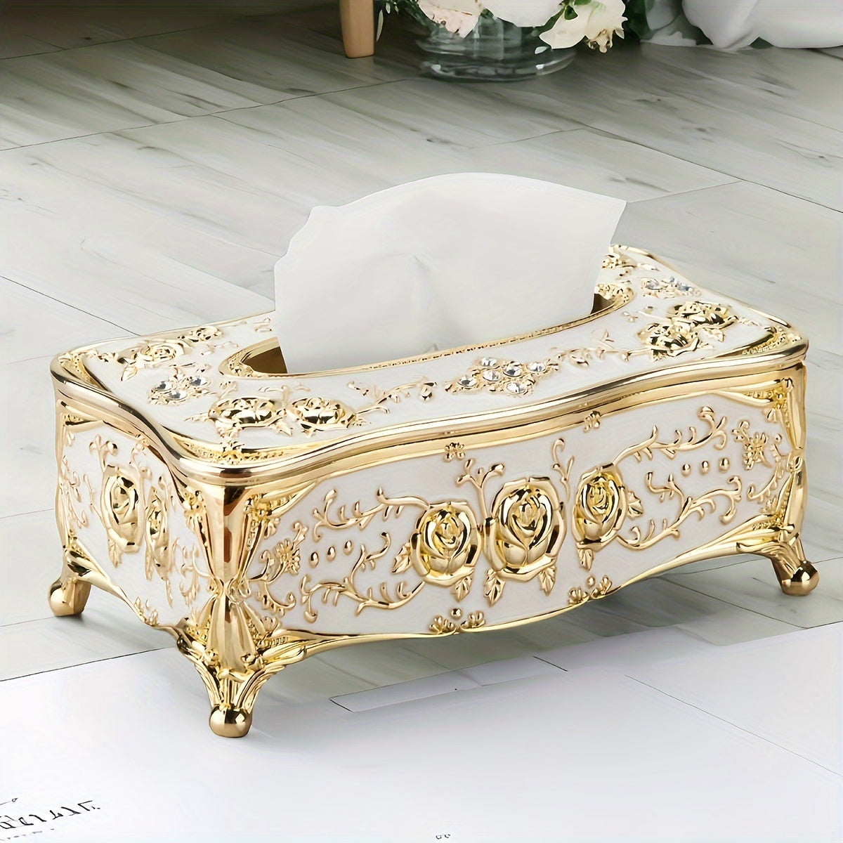 Cajita de pañuelos con patrón de rosas lujoso y soporte de papel chapado en oro