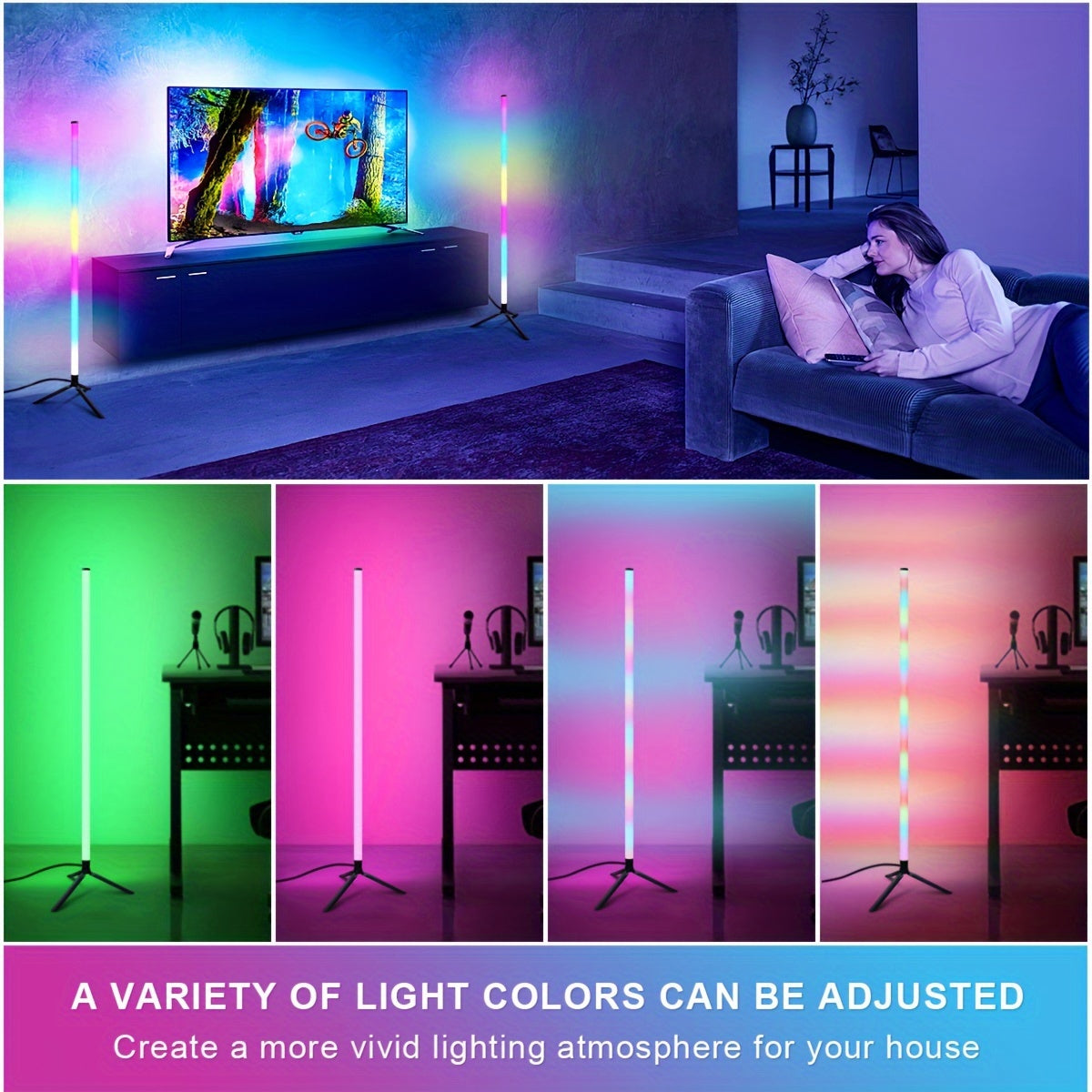 RGB Color Changing LED Floor Lamp with Music Sync Remote Control Adjustable Height 105cm USB Power for Dance Rooms Game Rooms and Parties