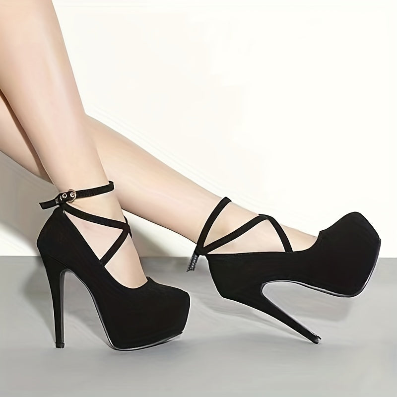 Women's Black Crossed Strap High Heels with Thin Stiletto Heel and Waterproof Platform