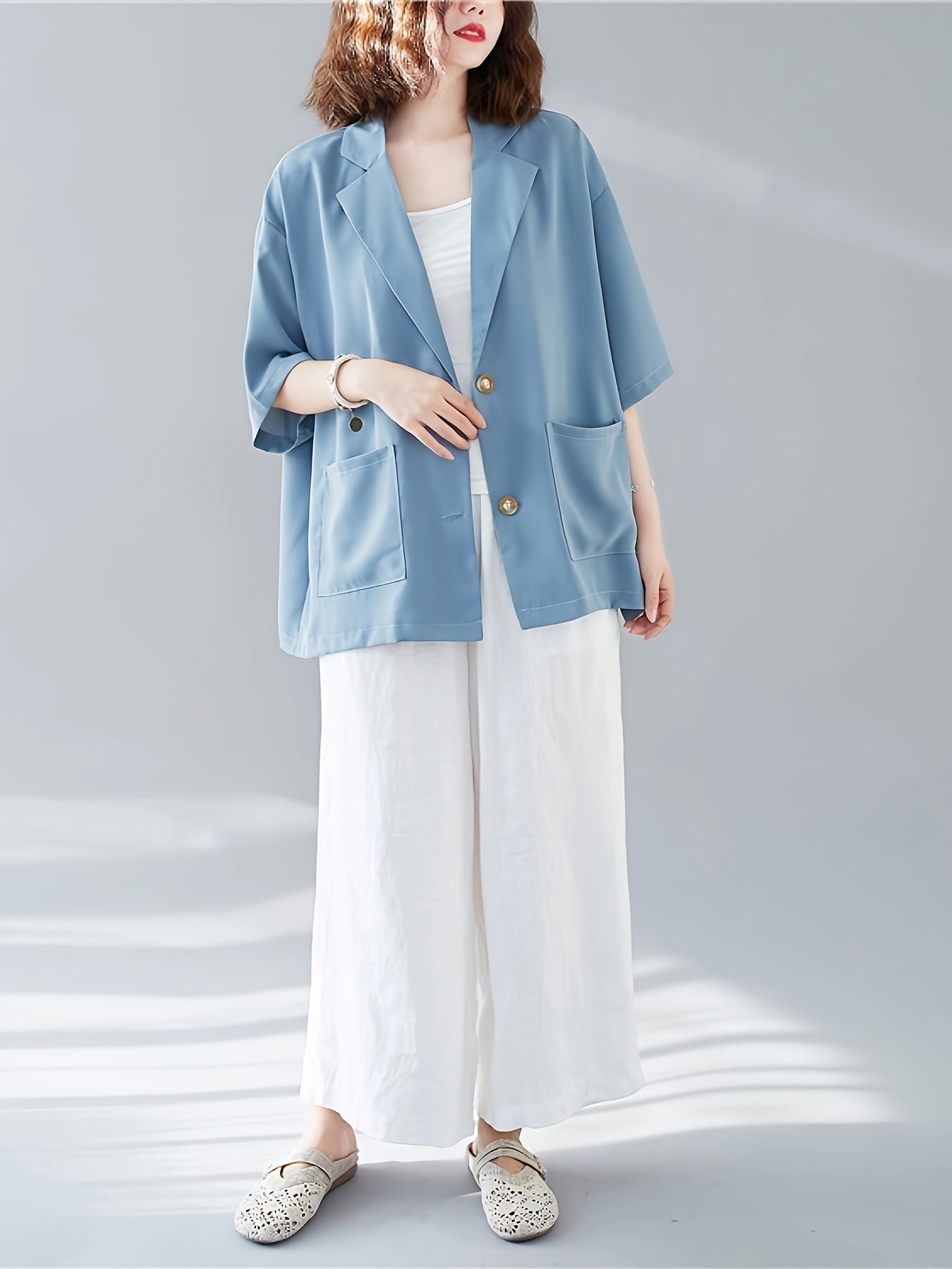 Women's Plus Size Light Blue Open Front Blazer Casual Long Sleeve Jacket