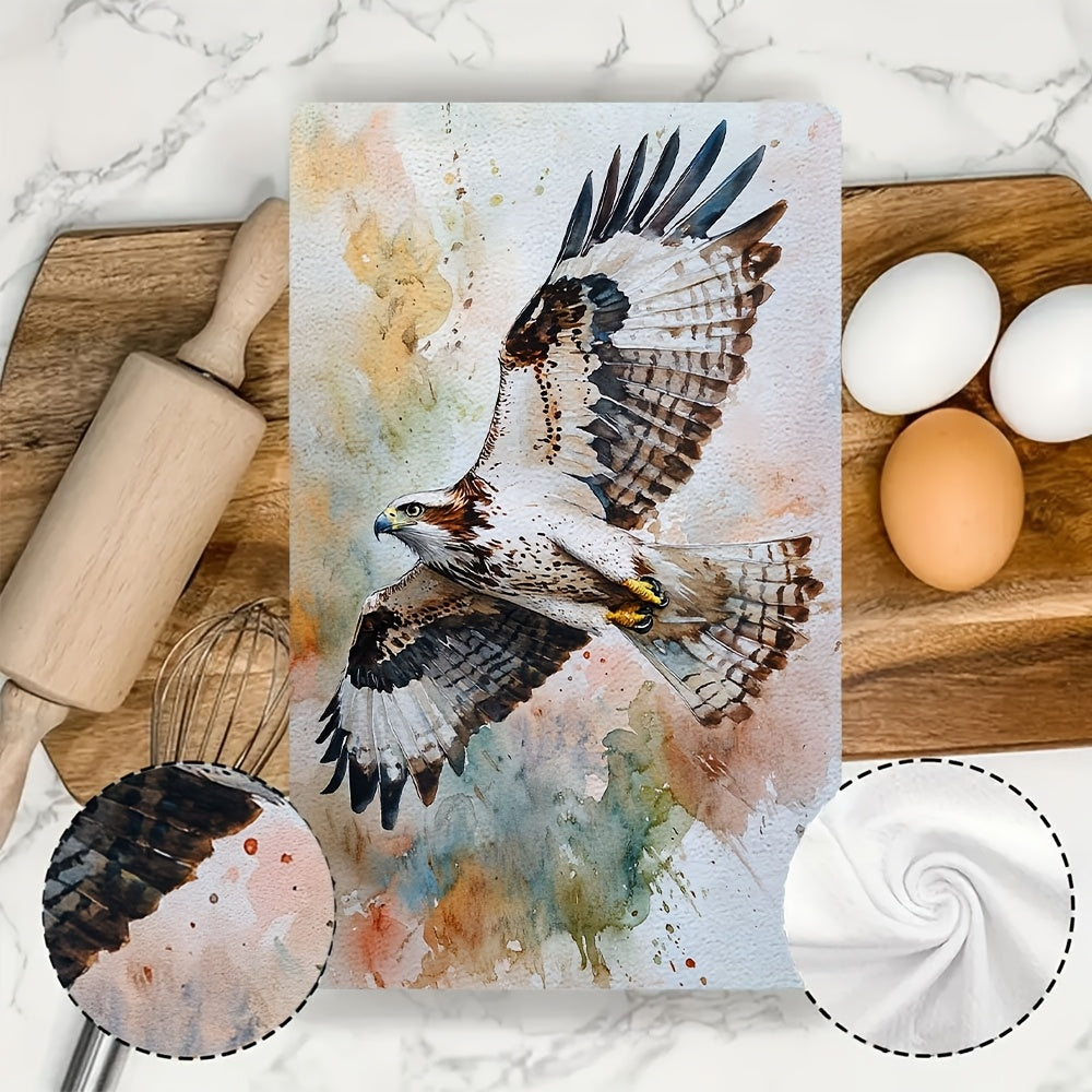 Majestik eagle tasviri bilan ikki dona ultra yumshoq oshxona sochiq. Bu juda yaxshi yutadigan sochiqlar mashinada yuviladi va idishlarni quritish uchun mukammal. Rangli akvarel eagle san'ati 40.64x60.96 sm o'lchamda bo'lib, bayram bezaklari uchun ideal.