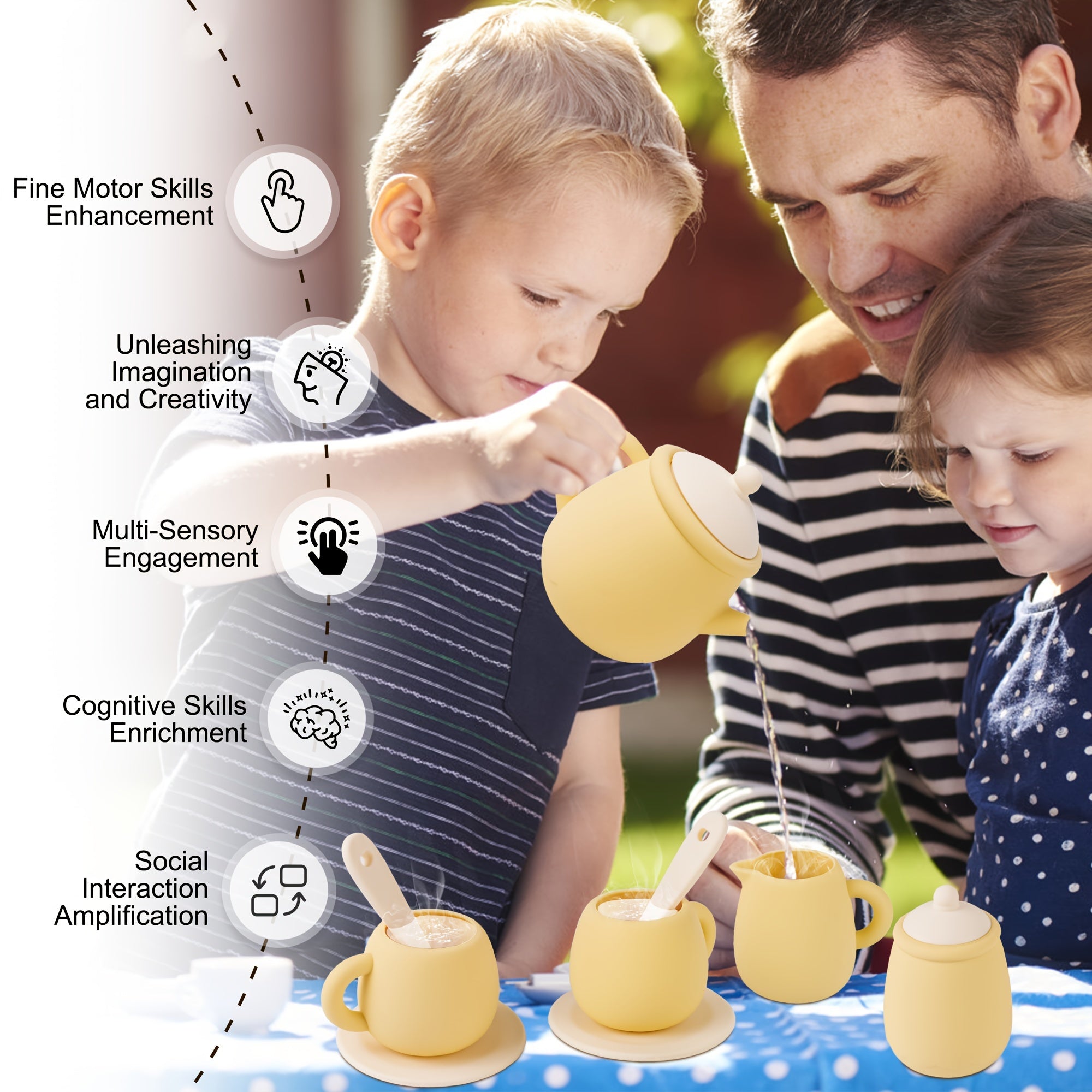 Kids' Silicone Tea Set for Kids Non-Toxic Safe Play Kitchen Toy in Pink Green Blue Yellow