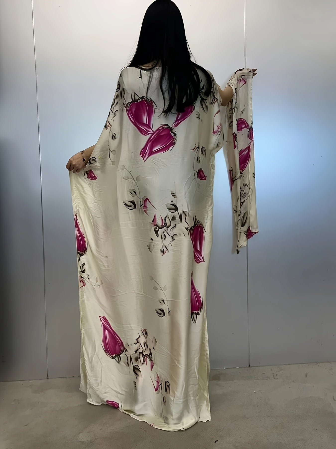 Plus Size Floral Print Abaya with Batwing Sleeves Maxi Dress Polyester