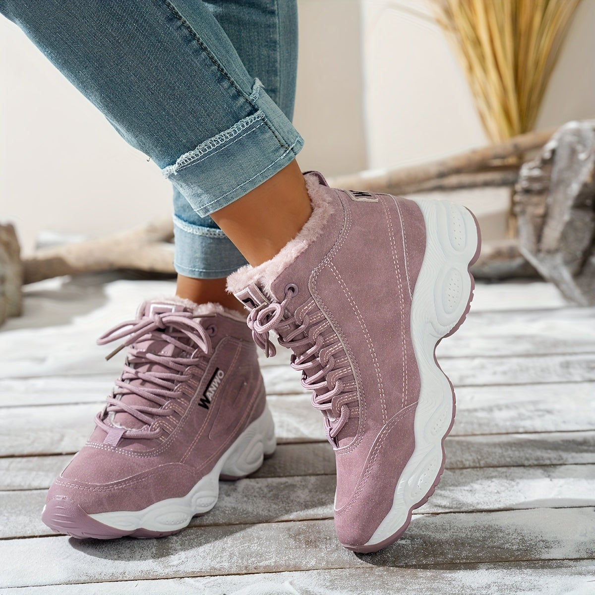 Women's Beige Fleece-Lined Platform Ankle Boots with Lace-Up Closure