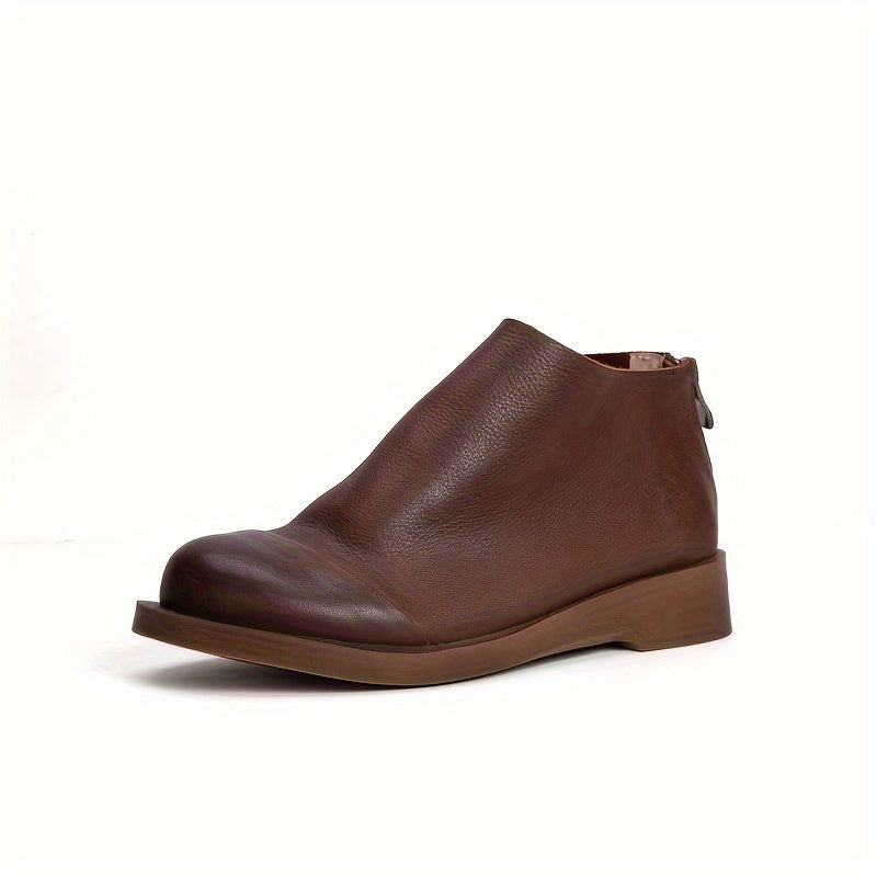 Women's Faux Leather Round Toe Zipper Short Boots with Low Heel and Ankle Support