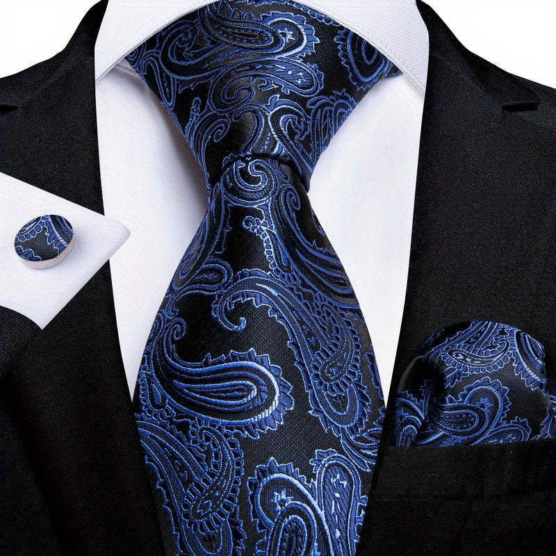 Men's Blue Paisley Striped Tie Handkerchief Cufflinks Wedding Accessories Set