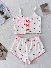 Heart Print Ribbed Pajama Set for Women Backless Crop Top Shorts Summer Nightwear