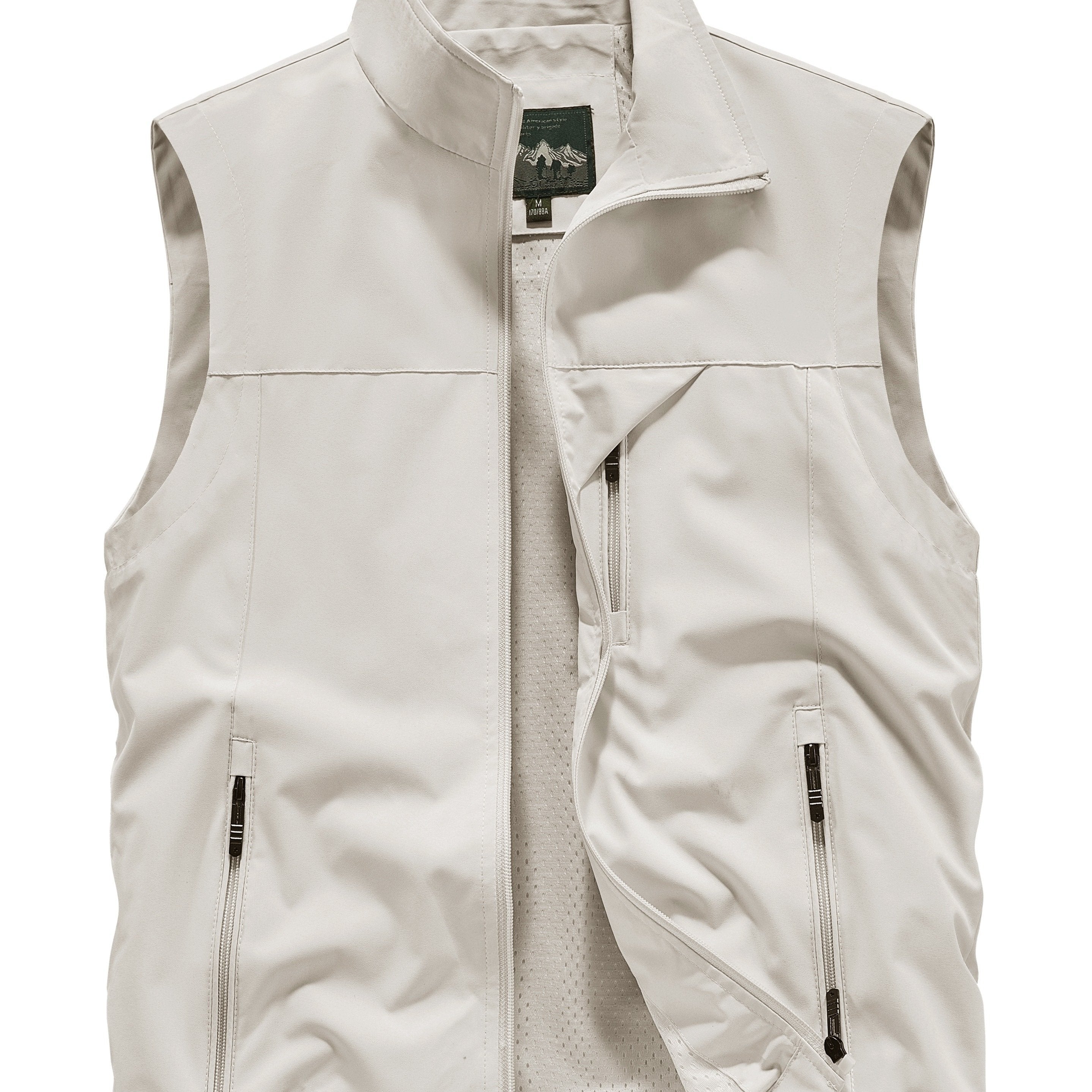 Men's Sleeveless Polyester Jacket with Zipper Pockets Stand Collar for Outdoor Activities