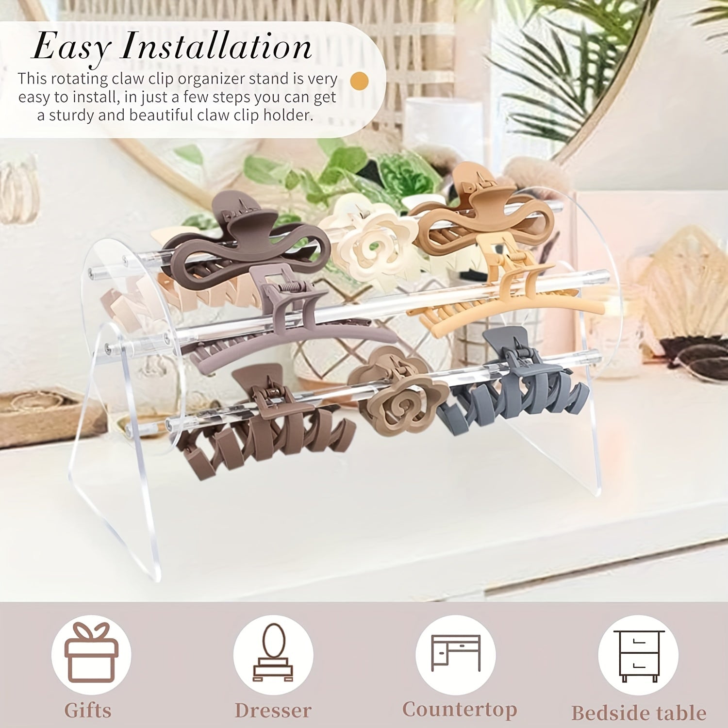 Acrylic Hair Claw Clip Display Stand Rotating Jewelry Organizer Storage