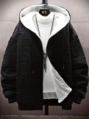Black and White Letter Print Hooded Jacket for Men with Plush Lining Fall Winter Casual Streetwear