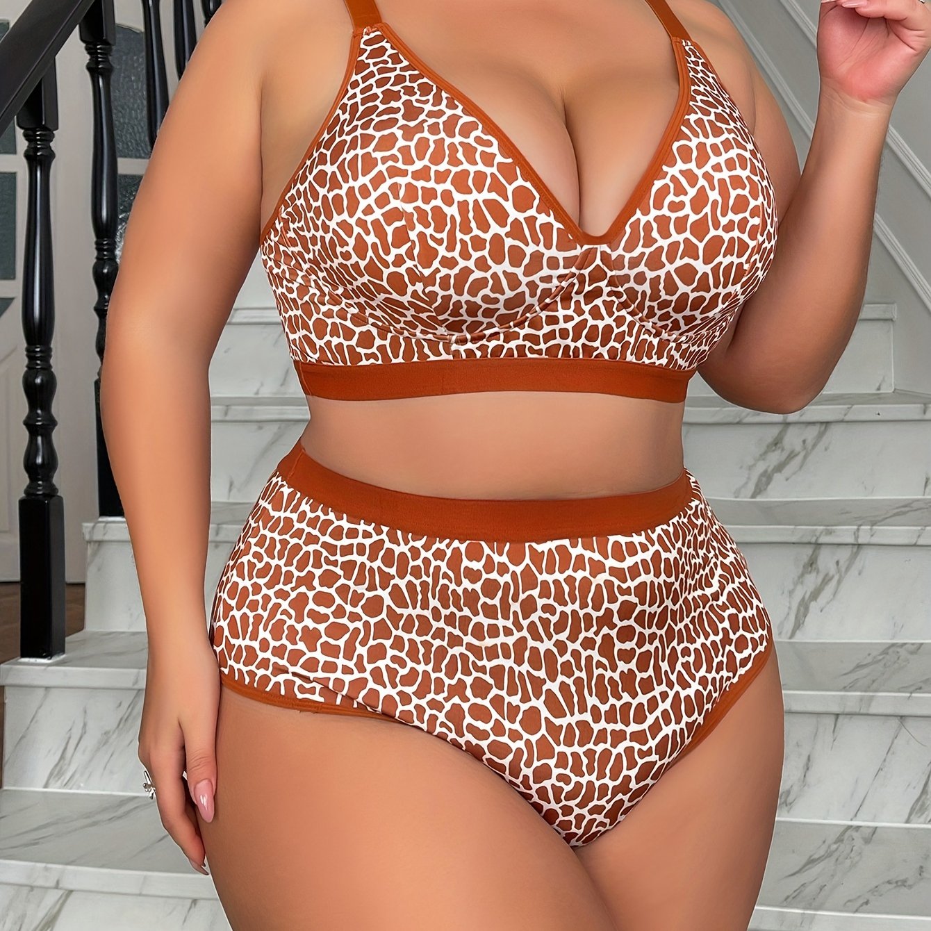 Women's Lingerie Set Light Beige Marble Pattern Adjustable Straps Plus Size