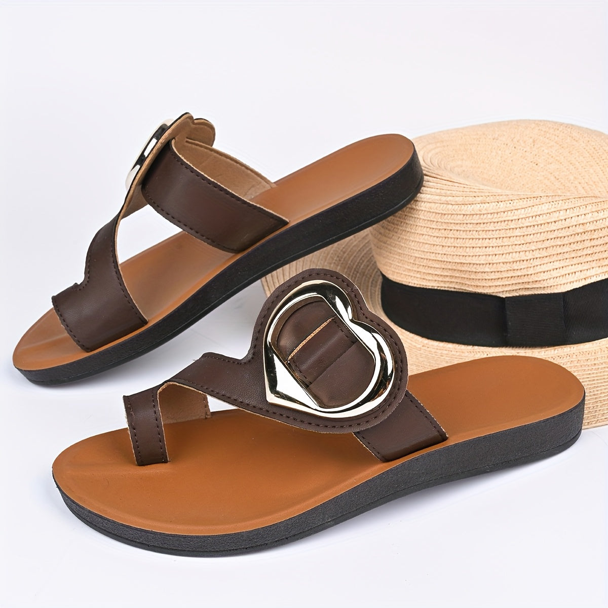 Women's Summer Slip-On Sandals with Gold Heart Buckle Casual Beach Shoes