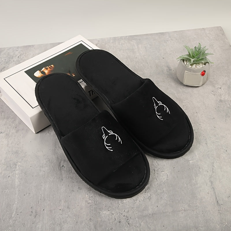 Women's Black Flannel Open-Toe Slippers for Hotel Travel and Home