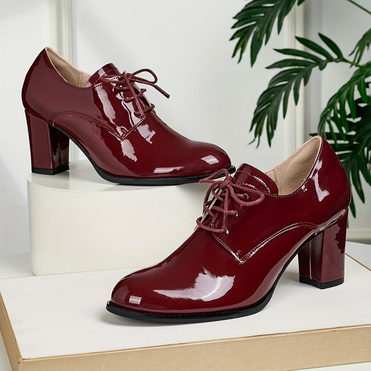 Women's Glossy Oxford Shoes Lace-Up Block Heels Formal Casual Non-Slip Rubber Sole