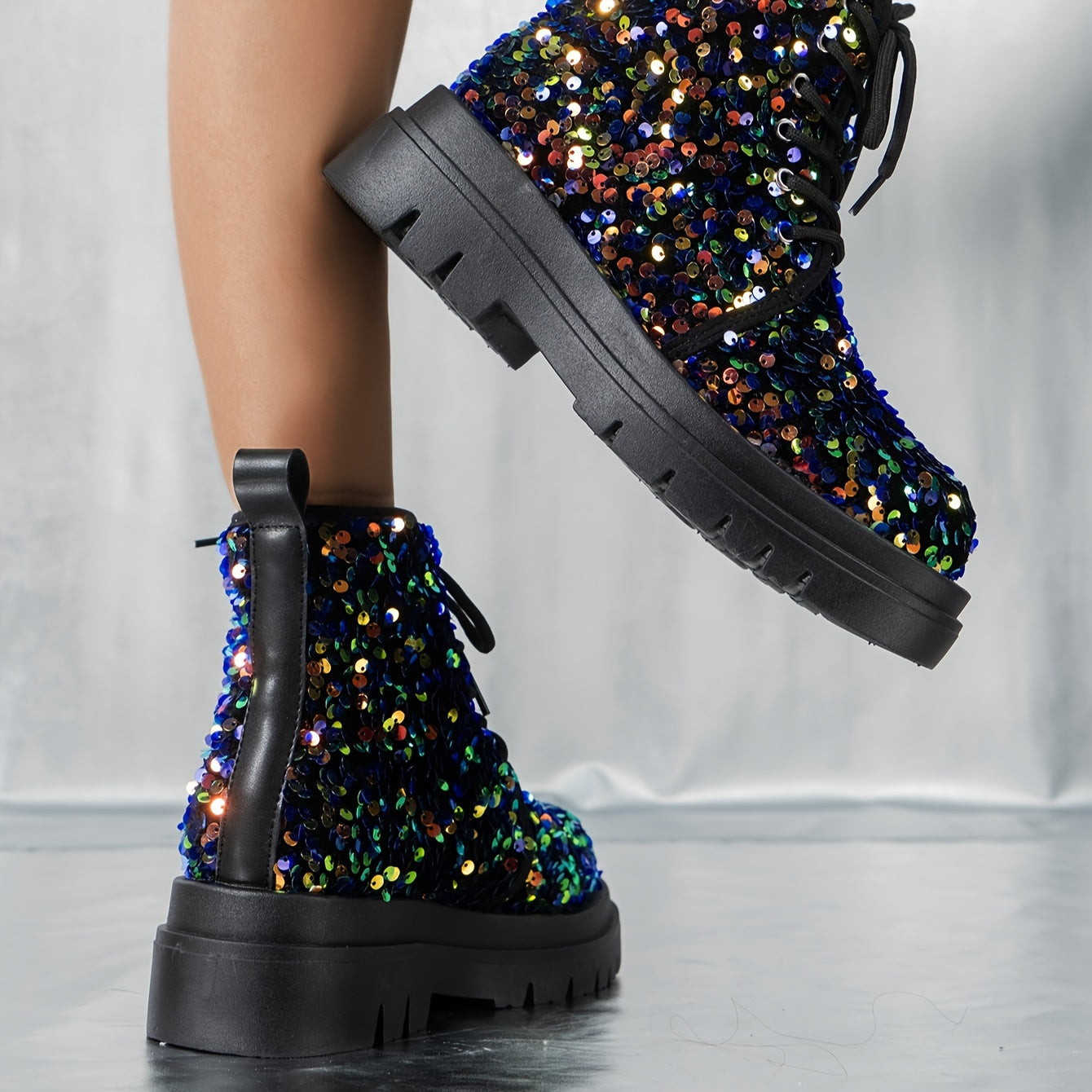 Women's Glittery Lace-Up Ankle Boots with Rubber Sole, Casual, Dressy