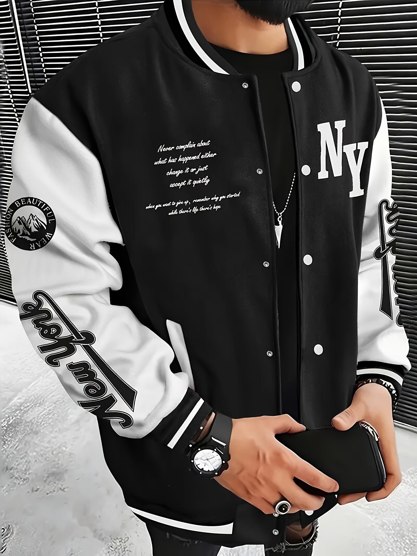 Plus Size Men's Casual Sports Jacket with Letter NY Pattern Color Block Black White Varsity Style for Fall Winter