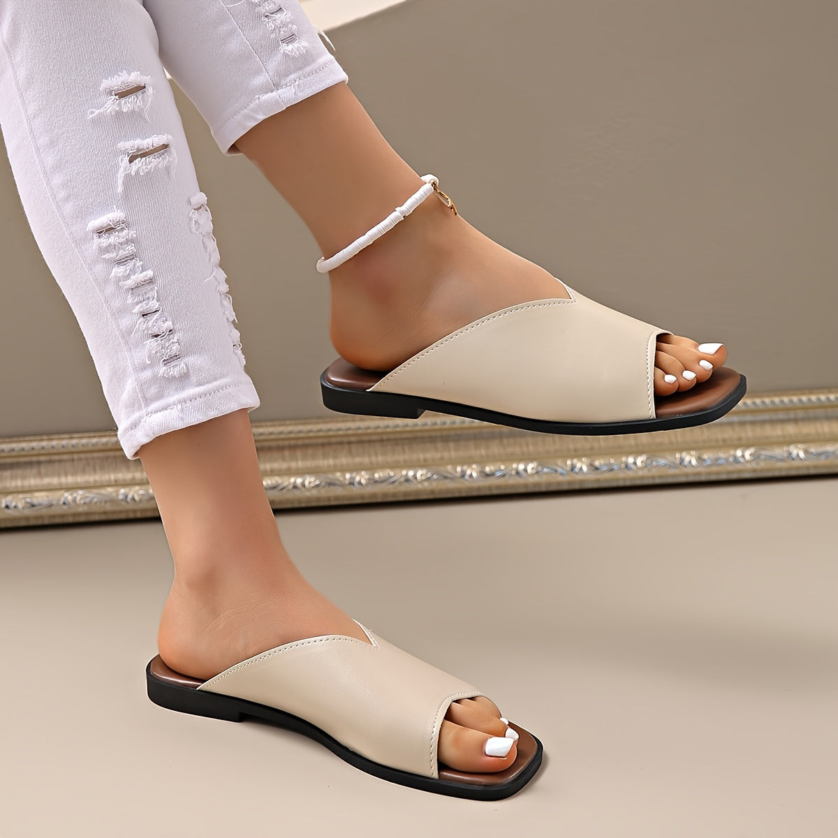 Women's Flat Sandals Black PU Slip-On Square Toe Casual Beach Shoes