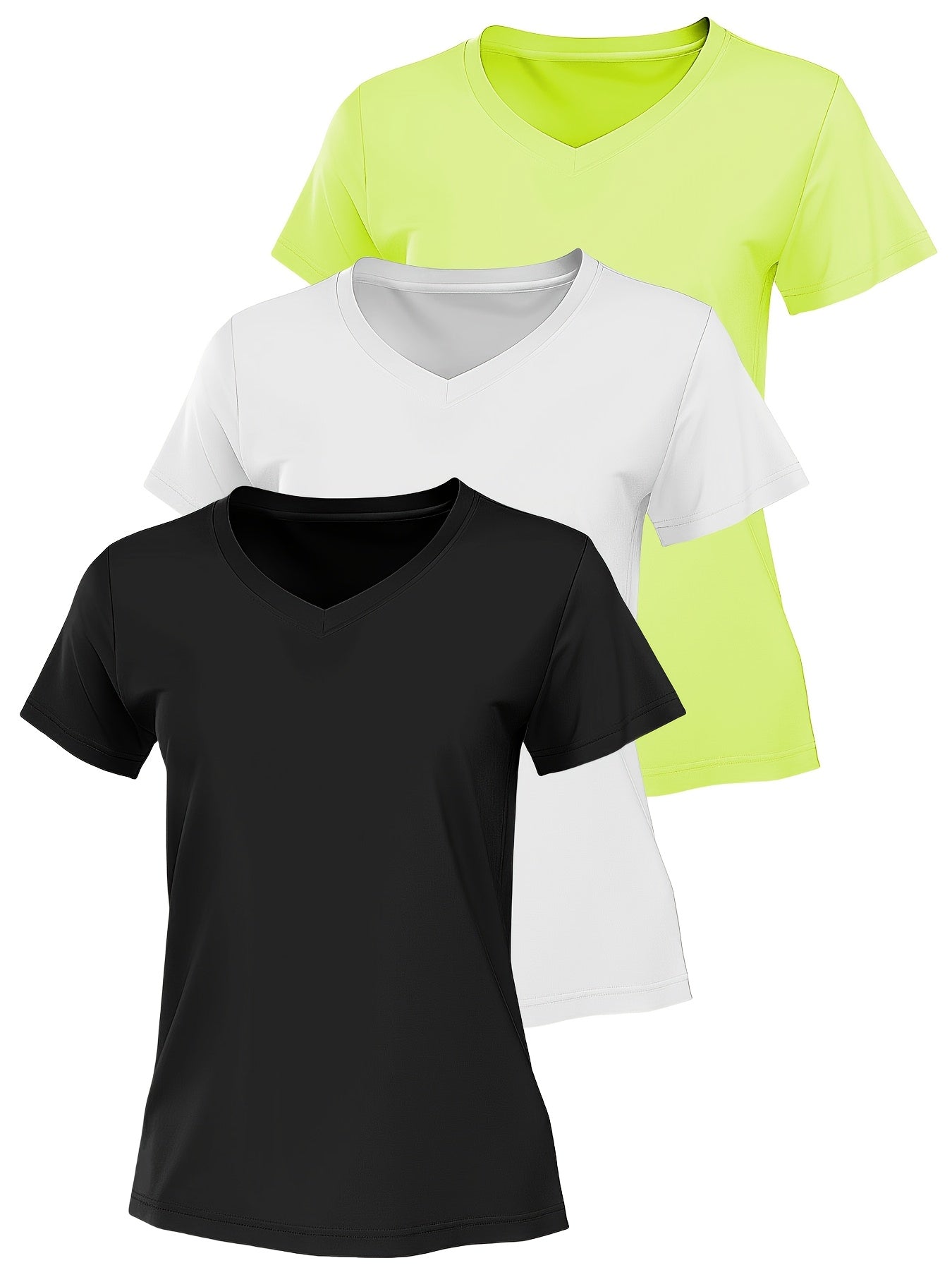 Plus Size Women's V-Neck Yoga T-Shirts Breathable Summer Short Sleeve Set in Lime Green White Black