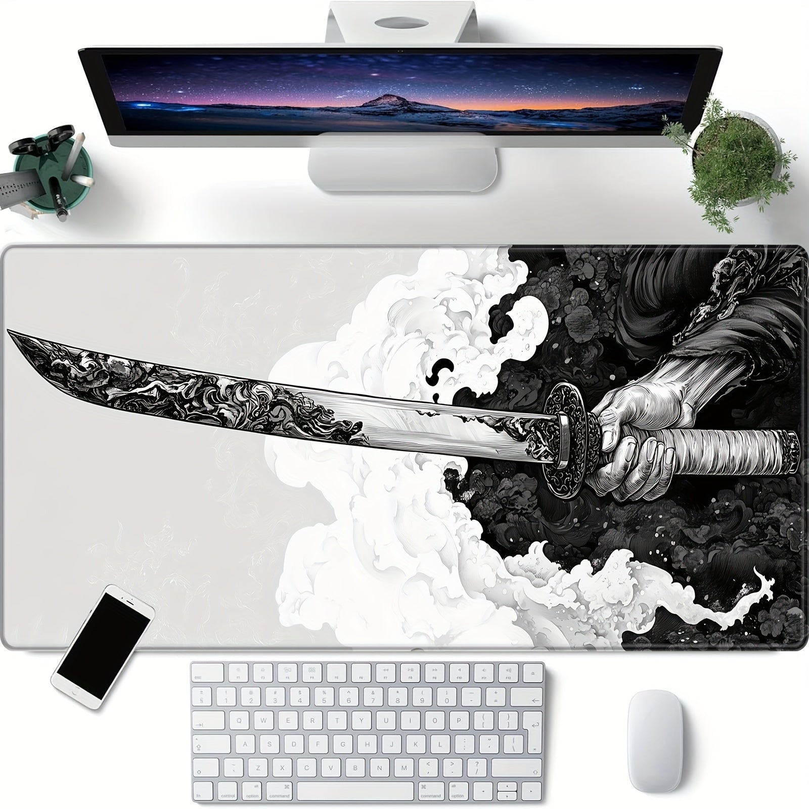 Large Japanese Samurai Sword Gaming Mouse Pad 80x30 cm Natural Rubber Desk Mat Durable Edges