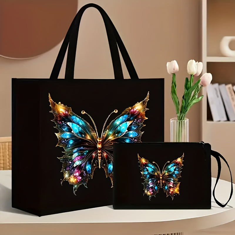 Handbag and Wallet Set with Butterfly and Floral Print Durable Shoulder Strap Magnetic Closure