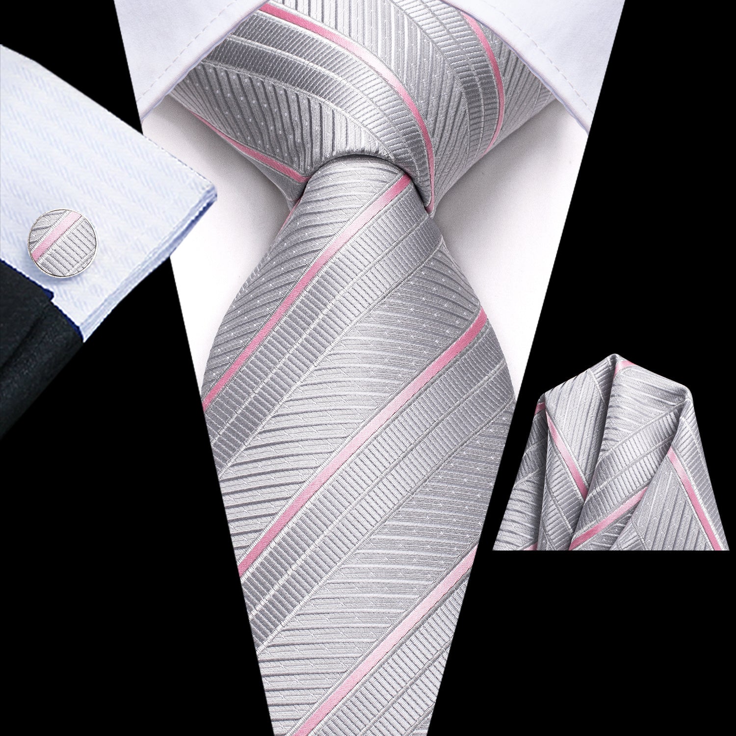 Striped Necktie Set with Cufflinks for Business, Parties, Weddings