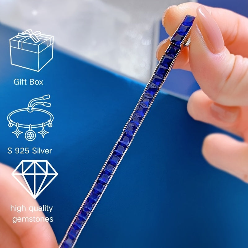 Ayollar uchun Princess-Cut Ko'k Toshlar bilan Sterling Silver Tennis Bilezik