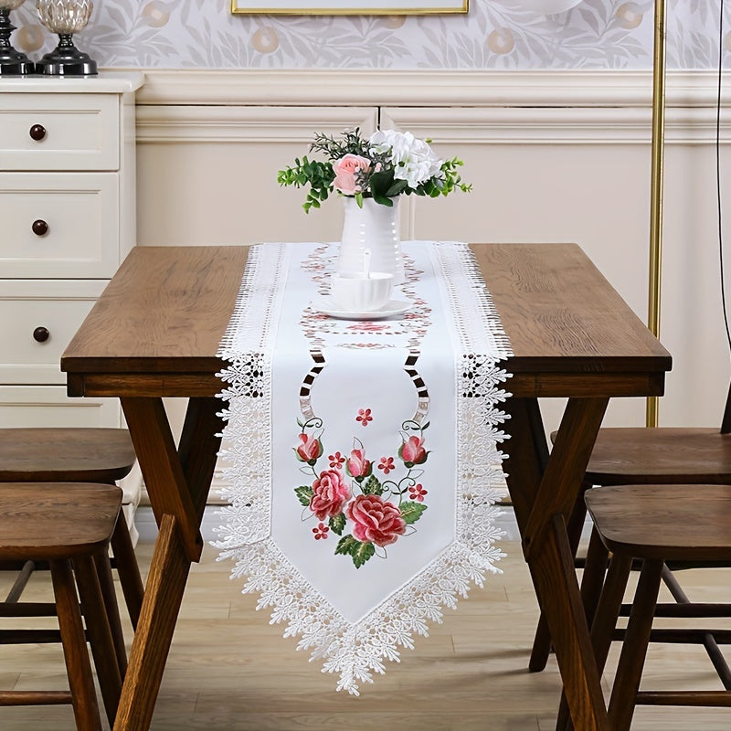 Camino de mesa floral rosa bordado a mano con encaje para cenas y días festivos