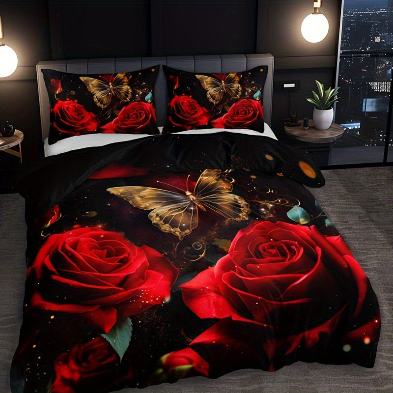 3-Piece Romantic Rose Butterfly 3D Duvet Cover Set with 2 Pillowcases Soft Breathable Polyester Bedding for Home Dorm Decor