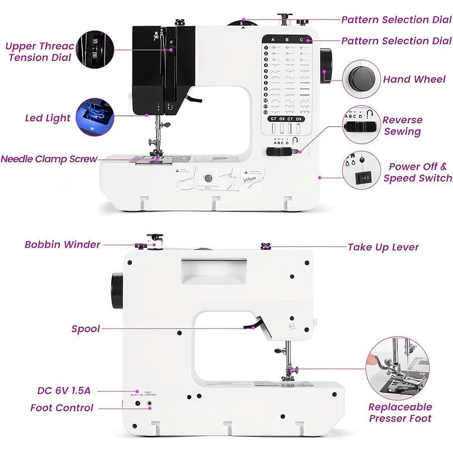 Portable European Regulation Sewing Machine with Foot Pedal for Beginners White