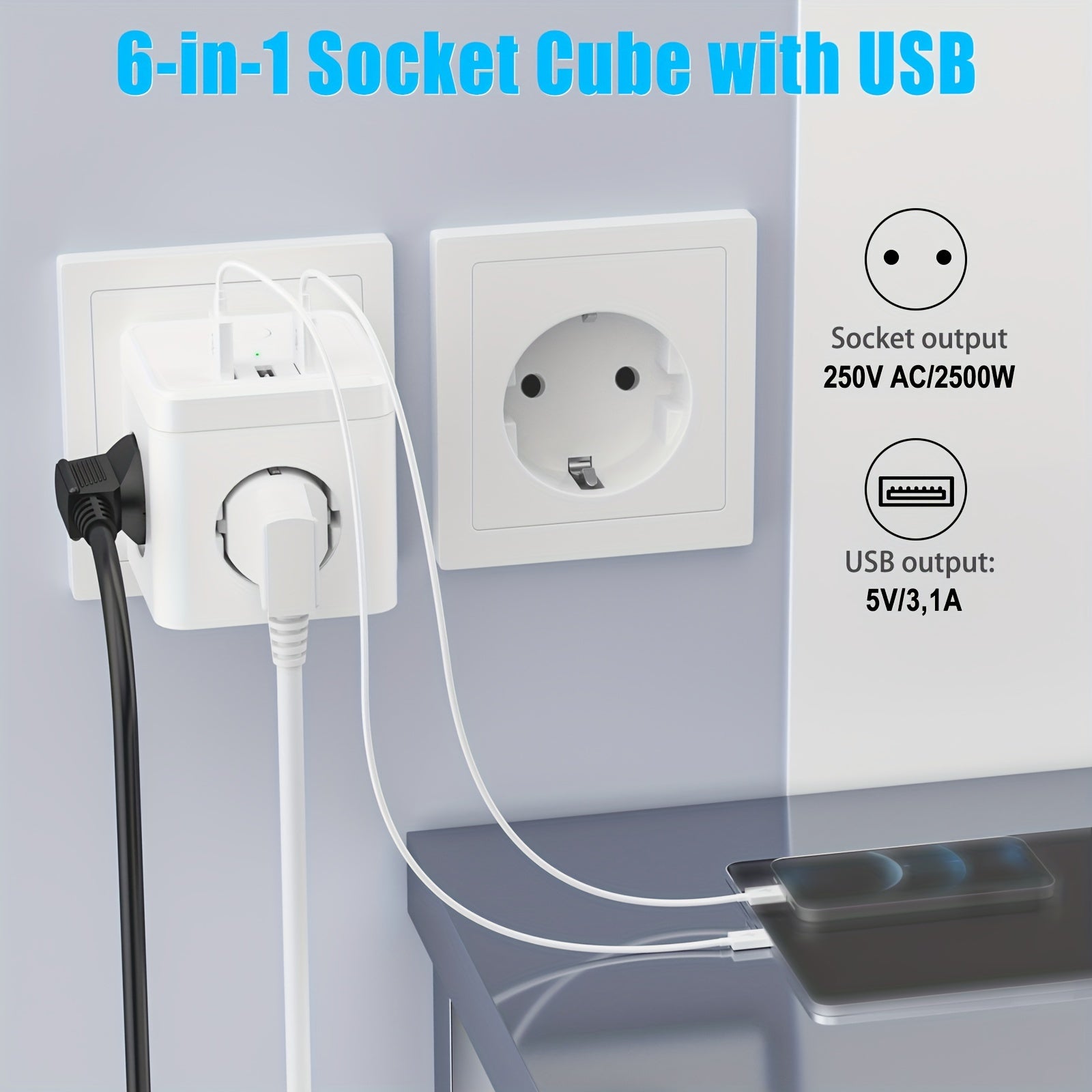 6-in-1 Power Strip Cube Outlet with 3 USB Ports Surge Protection 2500W for Home Office Travel
