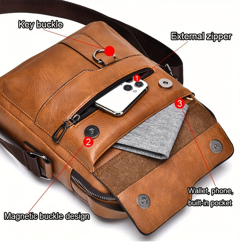 Men's Water-Resistant PU Crossbody Bag with Large Capacity Vintage Vertical Business Casual Style