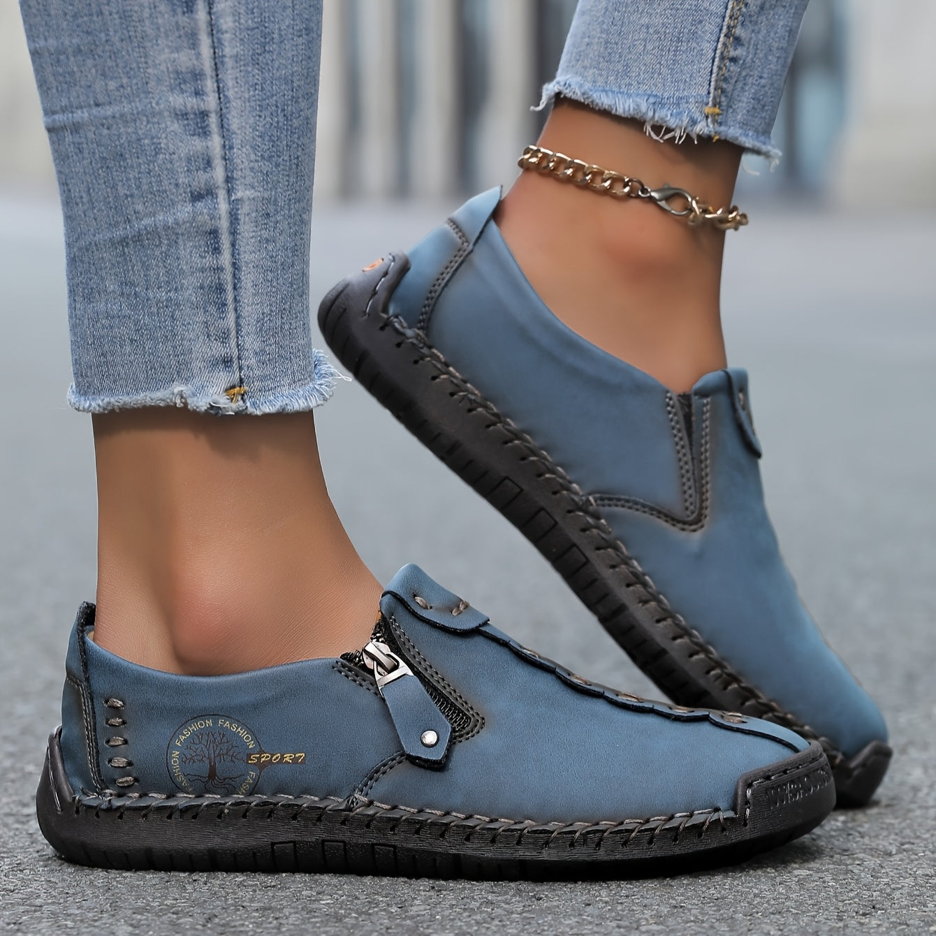 Women's Handmade Casual Loafers Slip-On Sneakers with Zipper Rubber Sole
