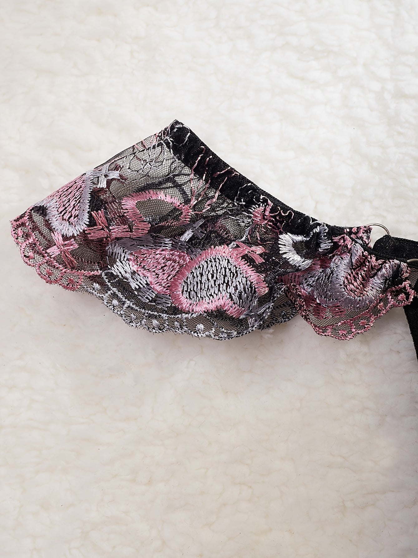 Black Sheer Mesh Lingerie Set with Heart Embroidery Cross Strappy Garter Belt and Thong