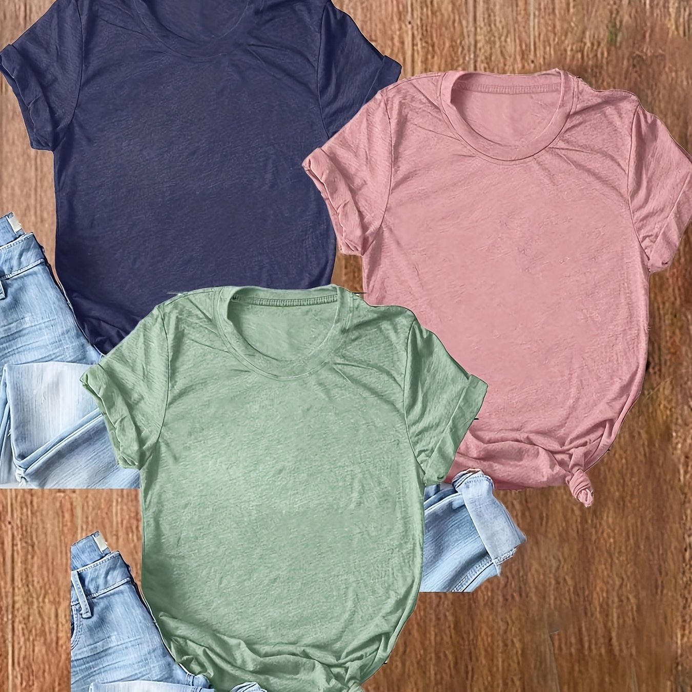 Pack de 3 camisetas casuales de manga corta para mujer, colores sólidos, punto transpirable