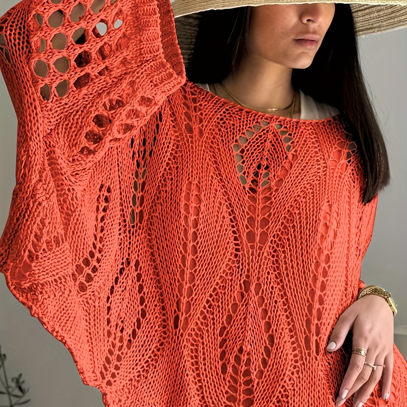 Plus Size Women's Casual Crochet Cover-Up Top with Sun Protection