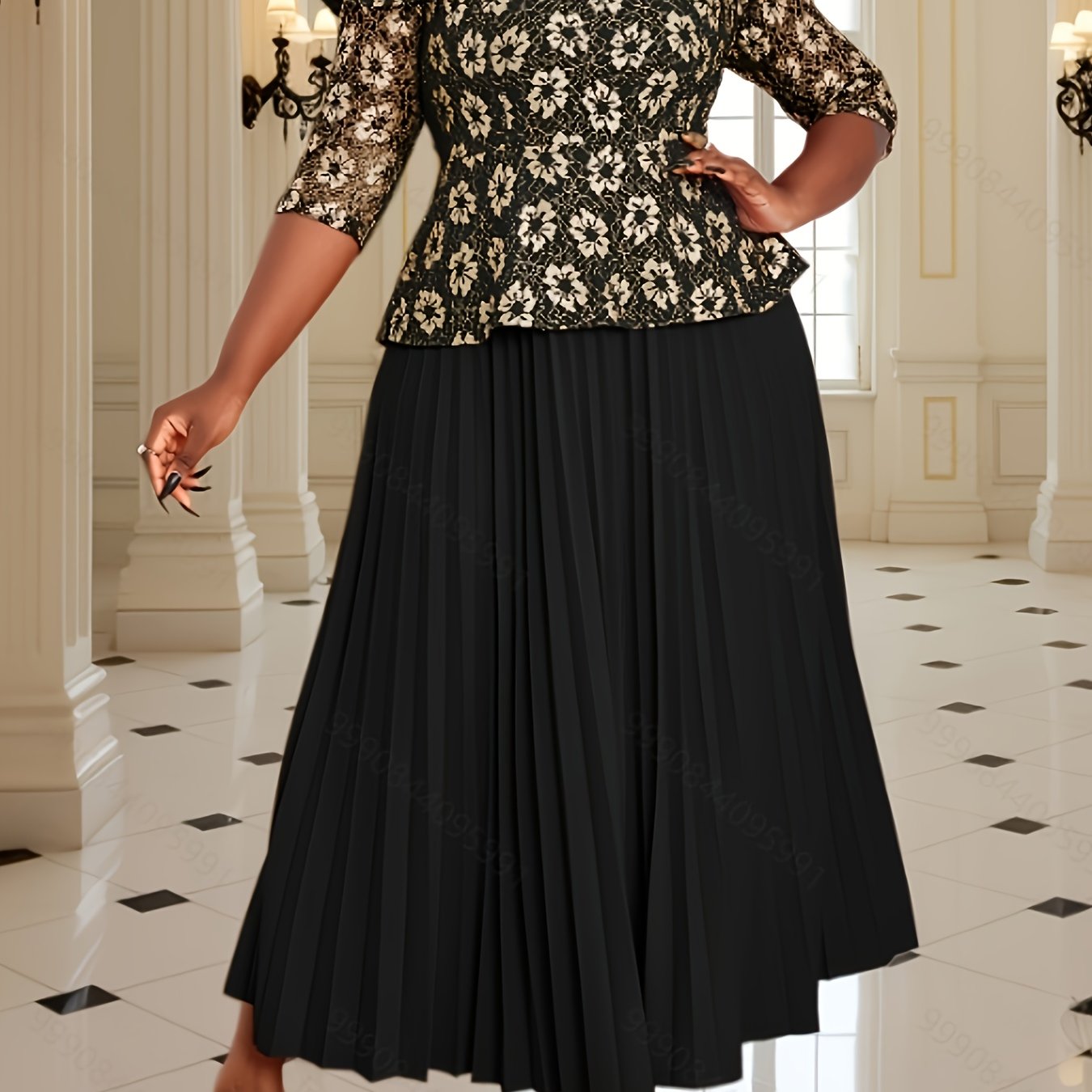 Women's Black Lace Trimmed A-Line Midi Dress with Pleats for Formal Events