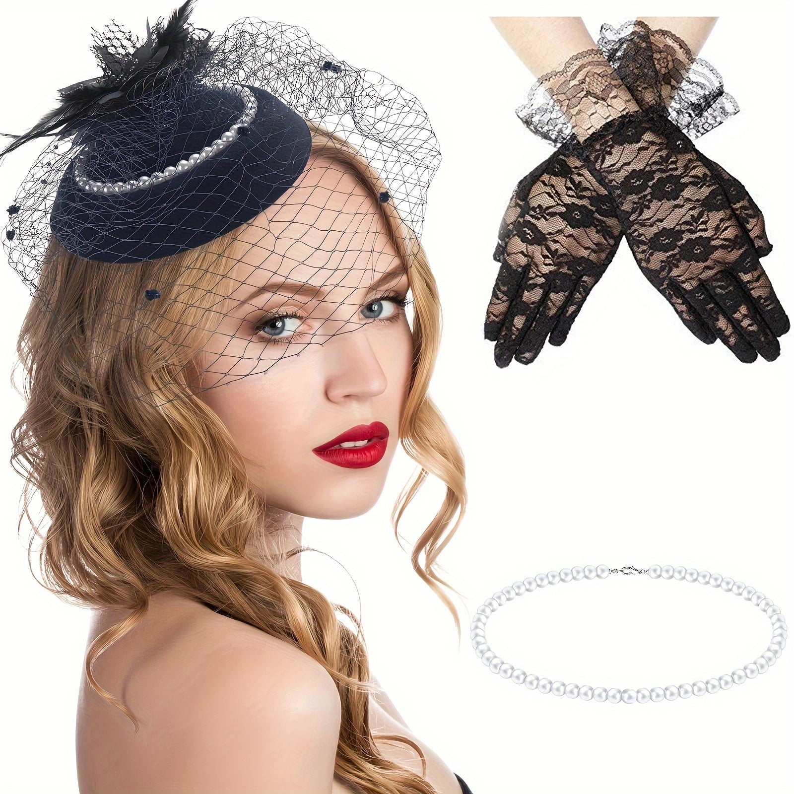 Women's Fascinator Hat Set with Veil Feather and Pearl Necklace