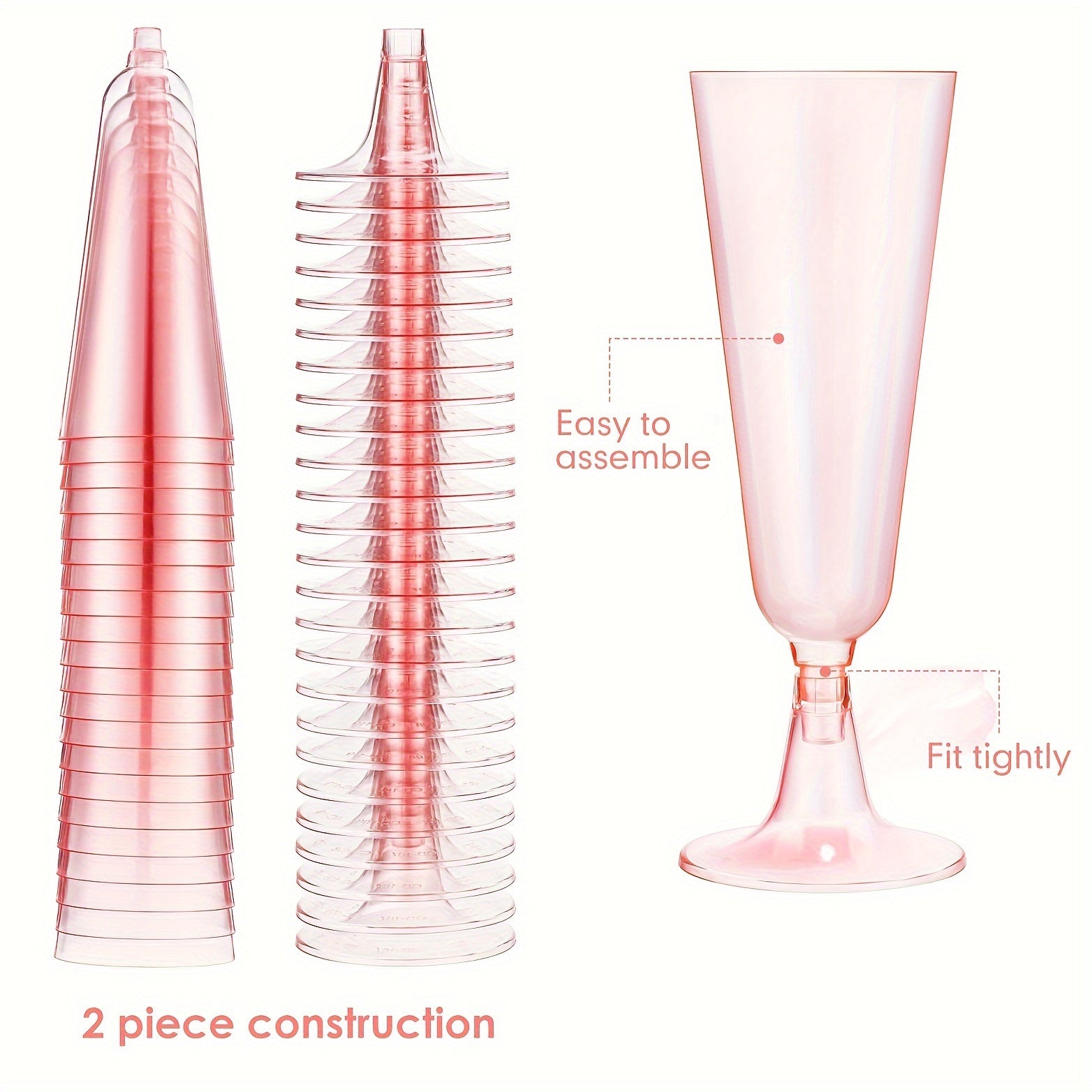 25 Pack Clear Plastic Champagne Flutes with Pink Crystal for Weddings Parties