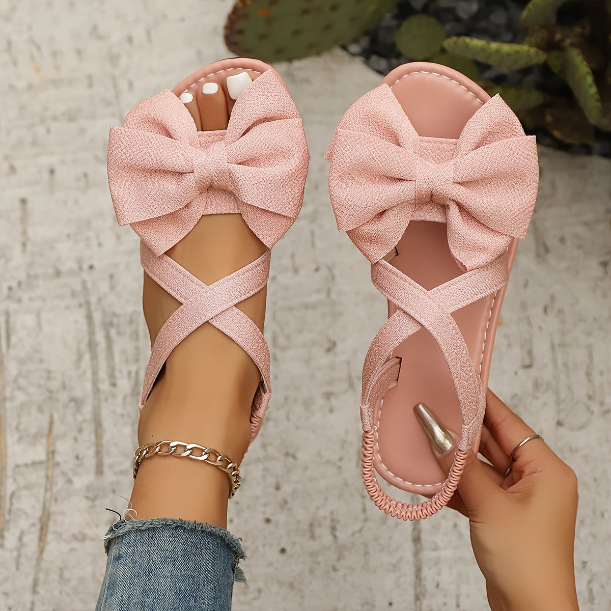 Women’s Black Bowknot Flat Sandals Open-Toe Slip-On Summer Shoes