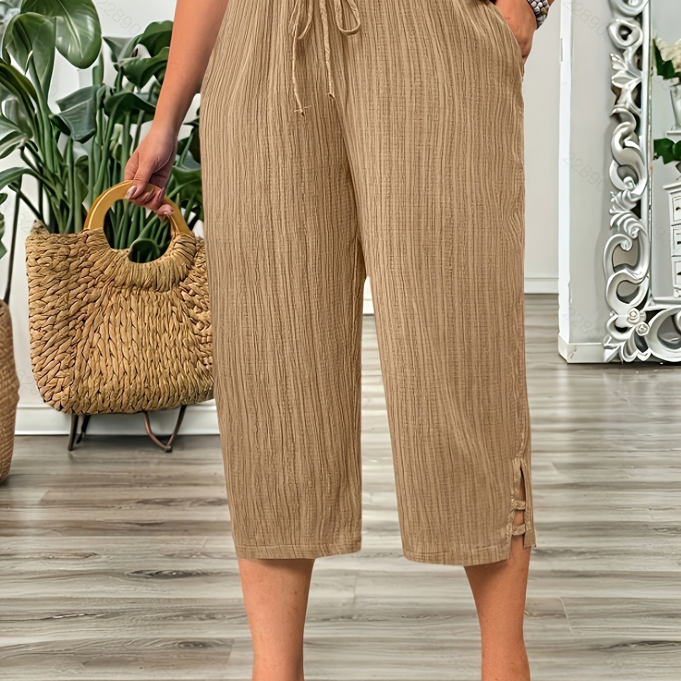 Pantalones anchos de pierna recta a rayas para mujer de talla grande con cinturilla falsa y pliegues