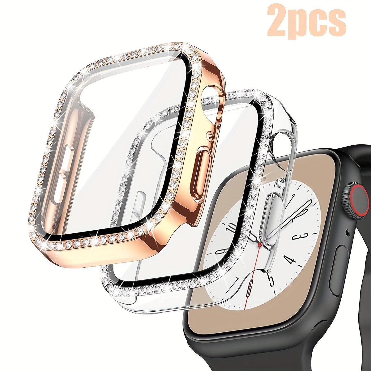 Women's Shiny Diamond PC Watch Shell with HD Hardened Glass Screen Protector for Apple Watch 40mm 44mm 45mm 49mm
