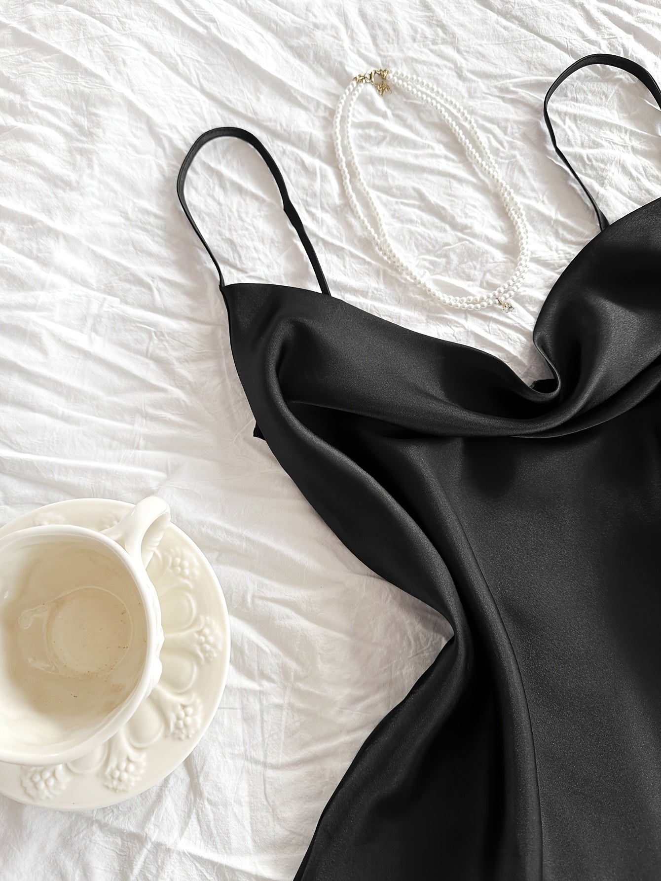 Women's Satin Pajama Set with Cowl Neck Backless Cami Top and Relaxed Fit Pants