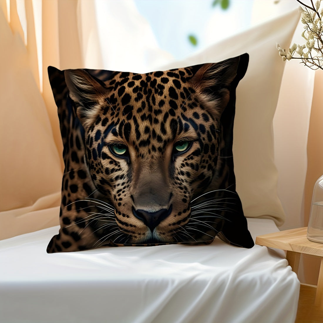 Velvet Throw Pillow Cover 45.72cm Peach with Leopard Portrait Zippered Washable